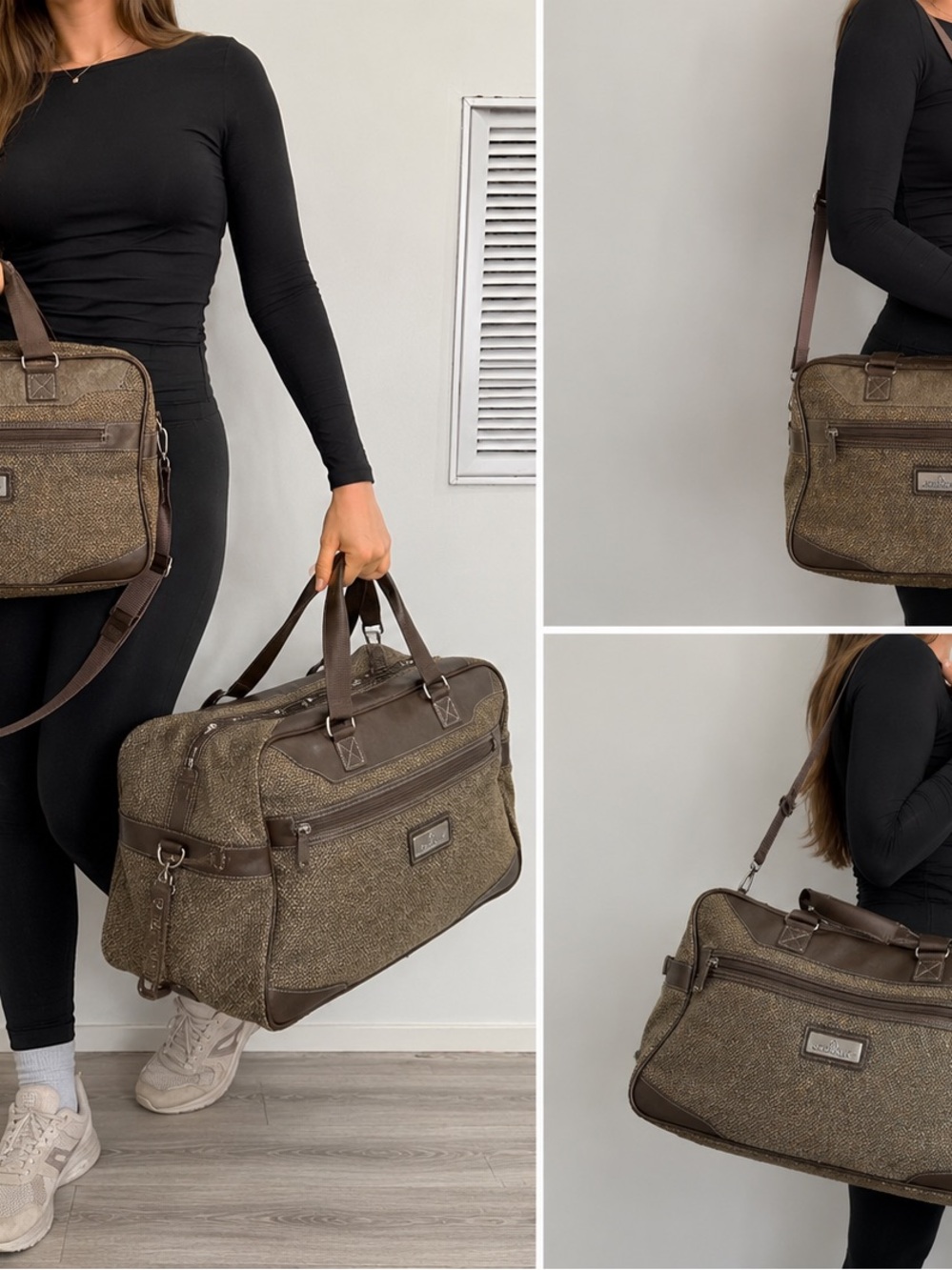 Jordache Brown Tweed Duffel Bag with Dark Brown Trim